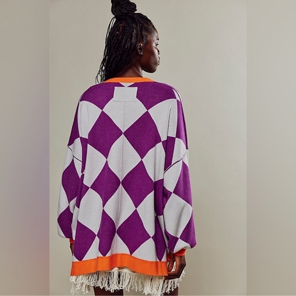 NWT We The Free People Manny Cardi Dahlia Purple Argyle V-Neck Cardigan Medium - Picture 2 of 3